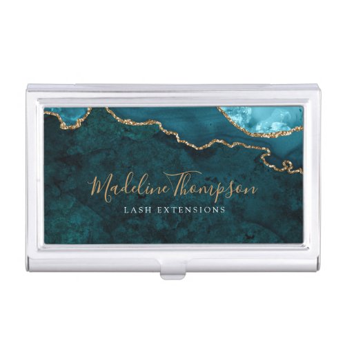 Trendy Marble Agate Geode Teal Green Gold Script Business Card Case