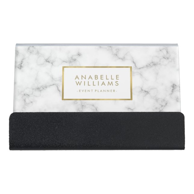 Trendy Marble and Faux Gold Texture Desk Business Card Holder (Front)