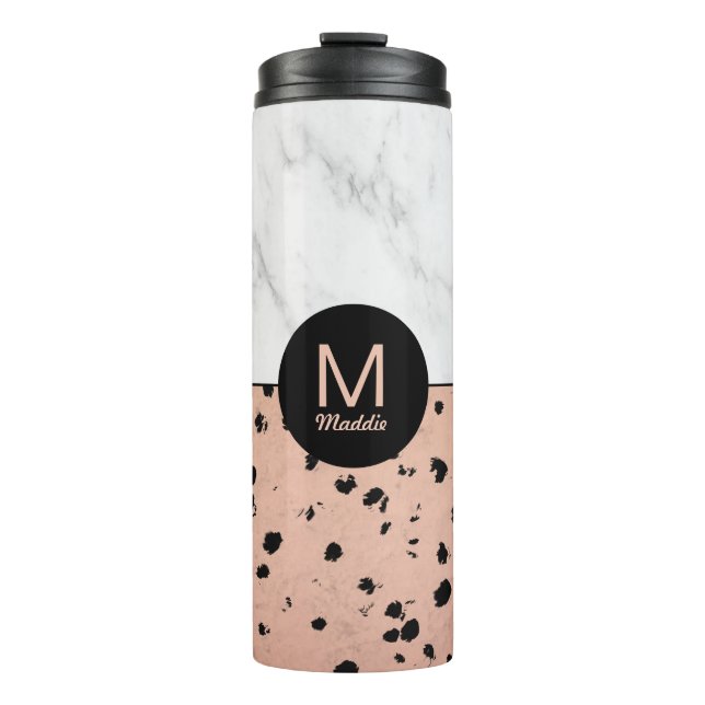 Trendy Marble and Rose Gold Pattern with Monogram Thermal Tumbler (Front)