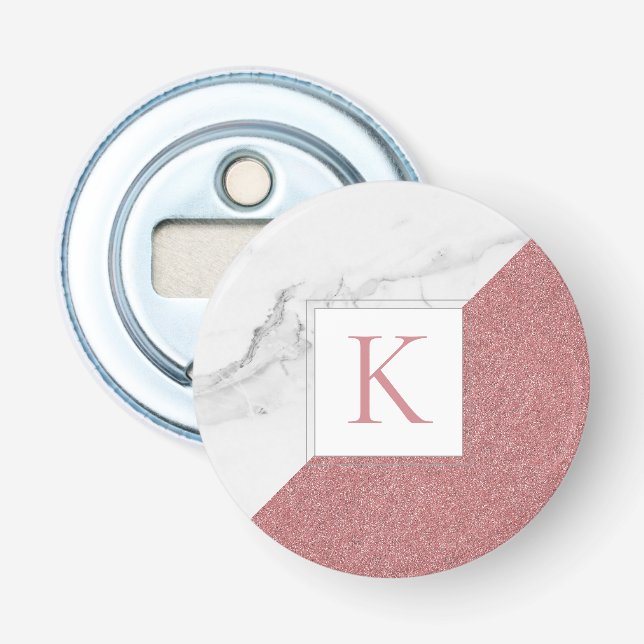 Trendy Marble Blush Pink Glitter Girly Monogram Bottle Opener (Front)