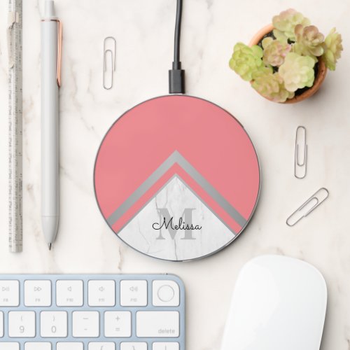 Trendy Marble Coral Silver Chevron Name Monogram Wireless Charger