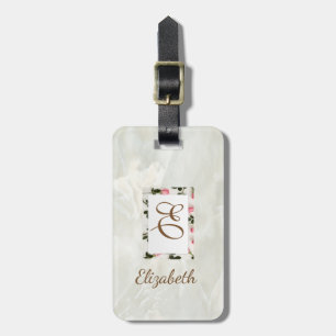 Trendy Marble,Floral Frame Monogram-Personalized Luggage Tag