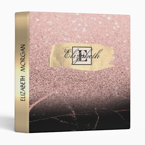 Trendy MarbleGlitter Gold Brush Stroke Monogram 3 Ring Binder