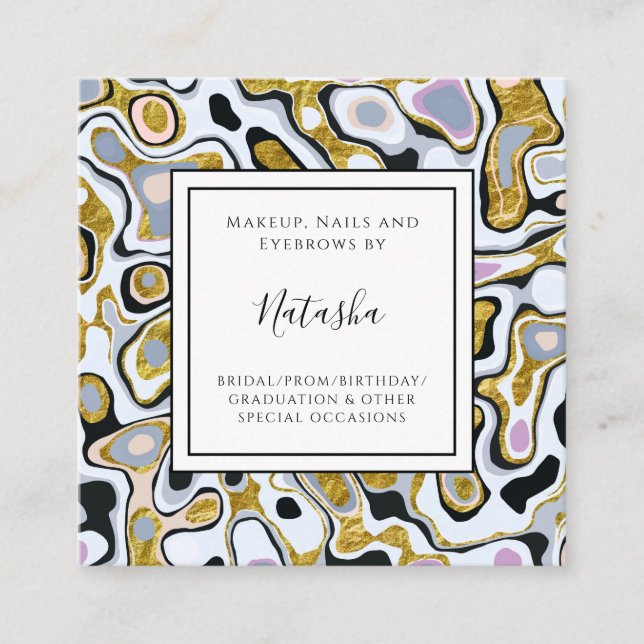 Trendy Marble Gold Glitter & Gray Makeup Square Business Card (Front)