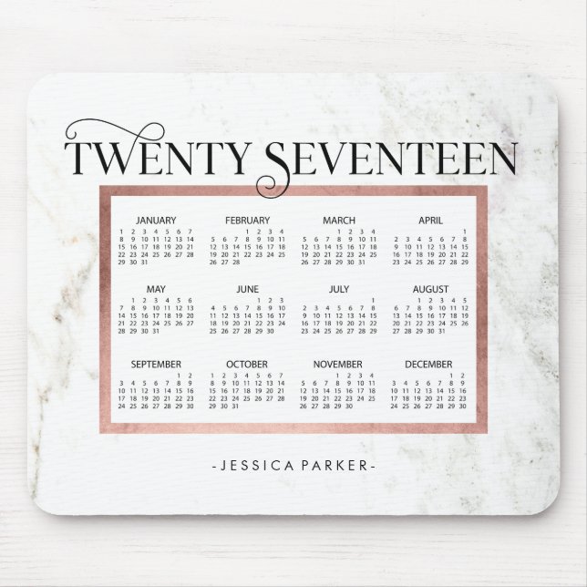 Trendy Marble Look | Faux Rose Gold 2017 Calendar Mouse Pad (Front)