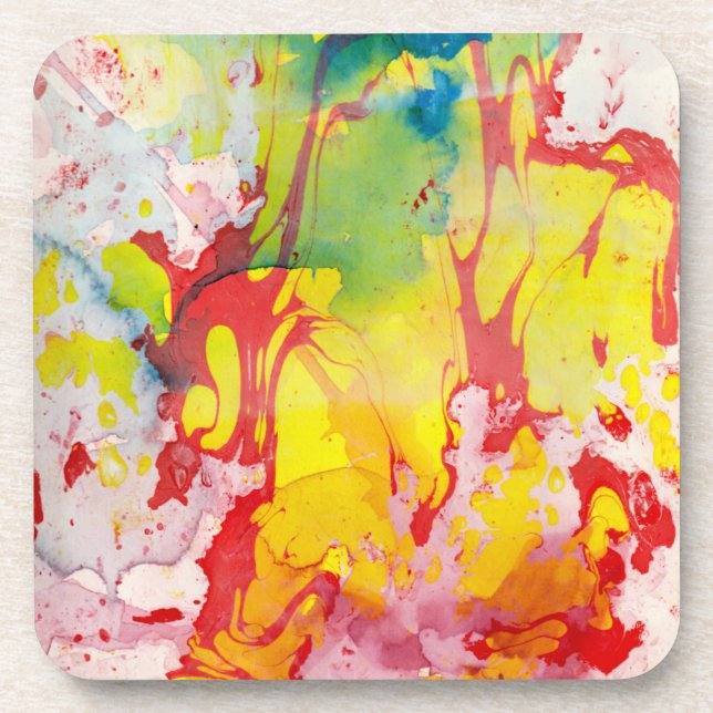 Trendy Marble Look Pink Red Yellow Blue Green Beverage Coaster (Front)