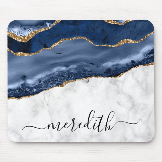 Trendy Marble Navy Blue Gold Agate Monogram Mouse  Mouse Pad (Front)