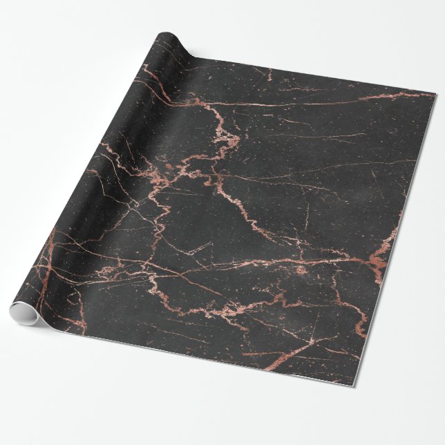 Trendy Marble Pink Black Glossy Wrapping Paper (Unrolled)