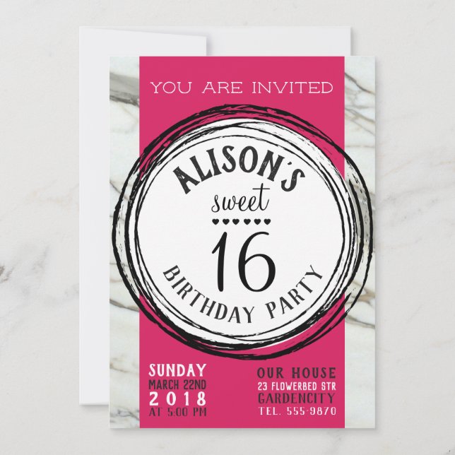 Trendy marble pink fuchsia teenager sweet 16 card (Back)