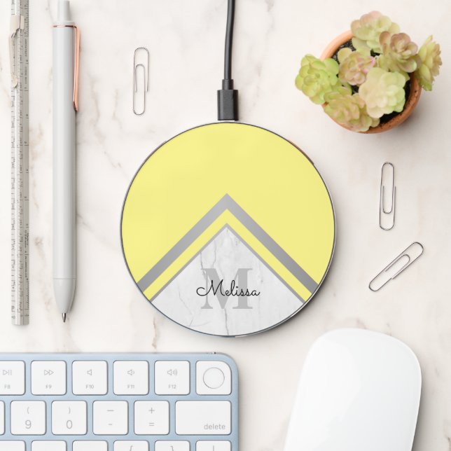 Trendy Marble Yellow Gray Chevron Name Monogram Wireless Charger (Desk)