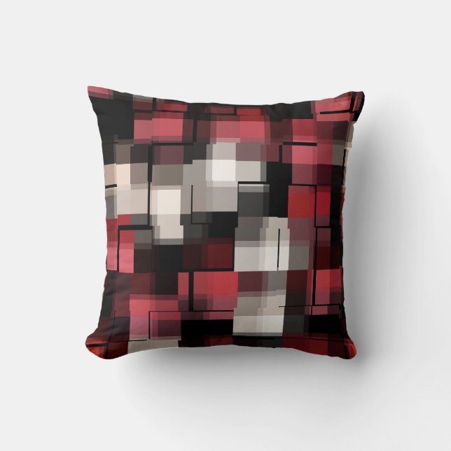 Trendy Maroon Black White Abstract Plaid Throw Pillow (Front)