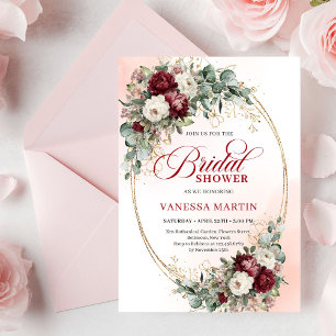 Trendy Maroon Floral Gold Accent Bridal Shower Invitation