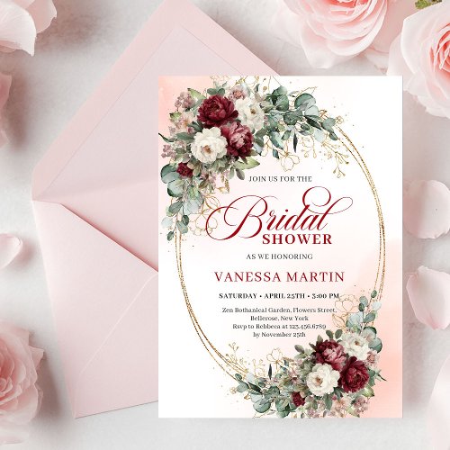 Trendy Maroon Floral Gold Accent Bridal Shower
