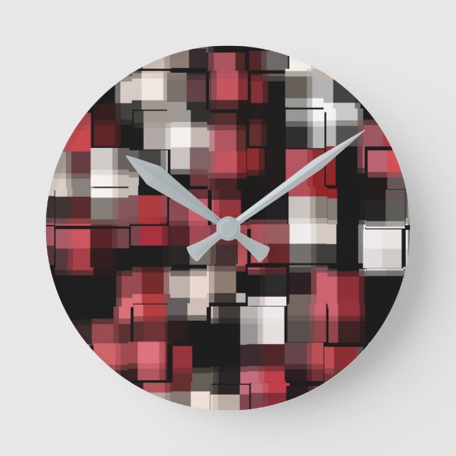Trendy Maroon Red Black White Abstract Plaid Round Clock (Front)