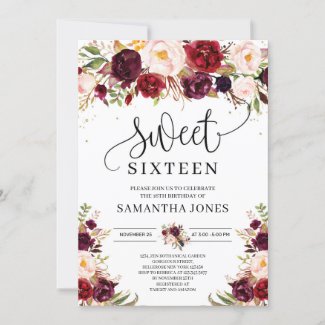 Trendy marsala burgundy blush floral sweet sixteen invitation