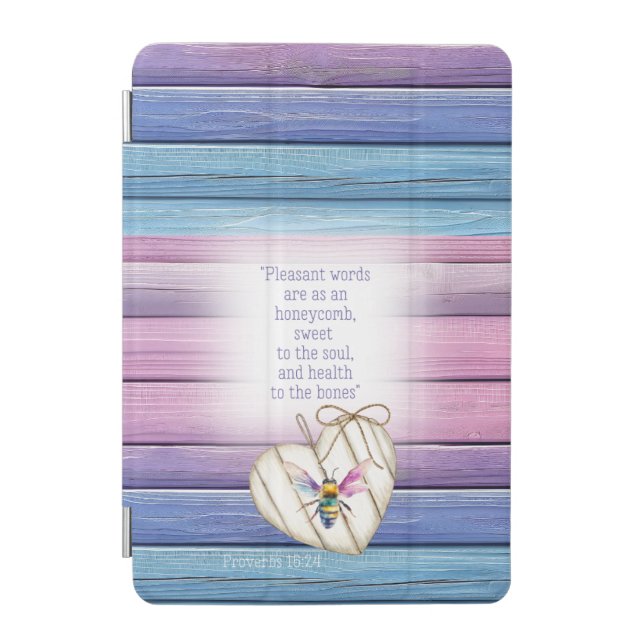 Trendy Mauve Blue Wood Heart Bee Bible iPad Mini Cover (Front)