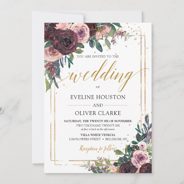 Trendy mauve roses dusty pink flowers gold glitter invitation (Front)