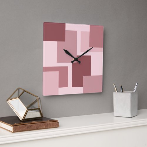 Trendy Mauve Taupe Dusty Rose Colorblock Pattern Square Wall Clock