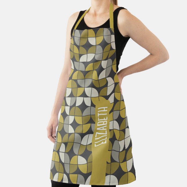 Trendy MCM Half Moon Pattern with gold name block Apron (Insitu)