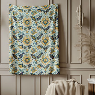 Trendy Mediterranean Navy and Gold Floral Tiles Fleece Blanket