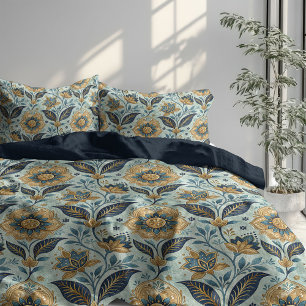 Trendy Mediterranean navy blue and gold flowers Duvet Cover