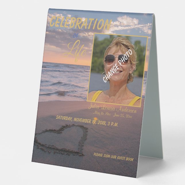 Trendy Memorial Funeral Beach Sunset Table Tent (Front)