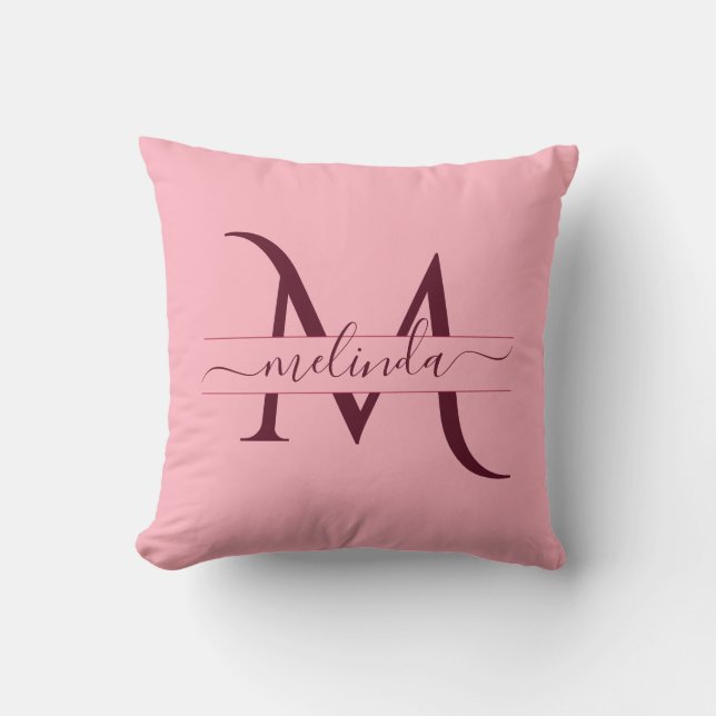 Trendy Merlot Burgundy Pink Monogram Feminine Throw Pillow (Front)