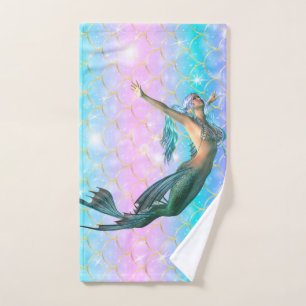 Trendy Mermaid On Mermaid Tail Scales Shiny Bath Towel Set