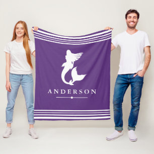 Trendy Mermaid Silhouette & White Stripes Fleece Blanket