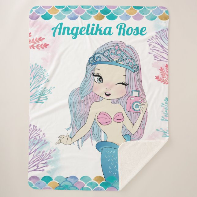 Trendy Mermaid with Coral Reef Blanket for a Girl (Front)