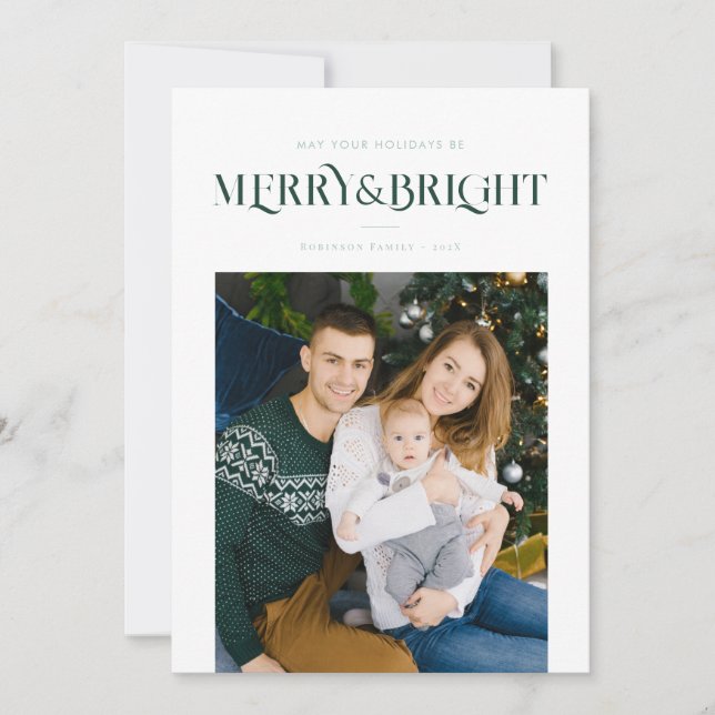 trendy merry & bright blue christmas holiday card (Front)