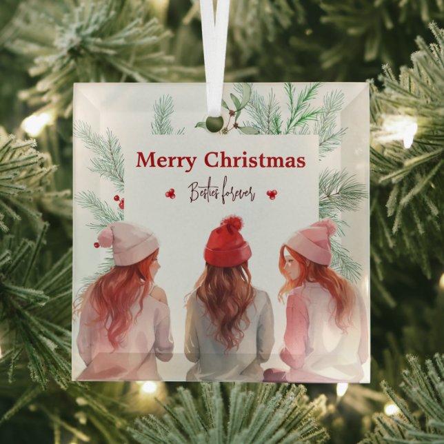 Trendy Merry Christmas Besties Forever Best Friend Glass Ornament (Insitu)