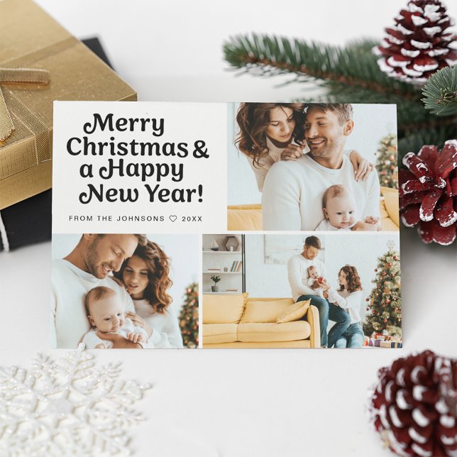 Trendy Merry Christmas Happy New Year Photo Grid Holiday Card (Minimal, trendy typography, simple and modern photo collage family christmas card.)
