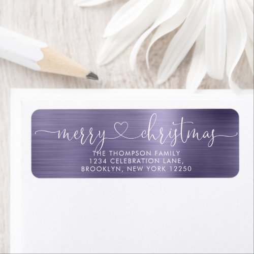 Trendy Merry Christmas Heart Script Metal Lavender Label