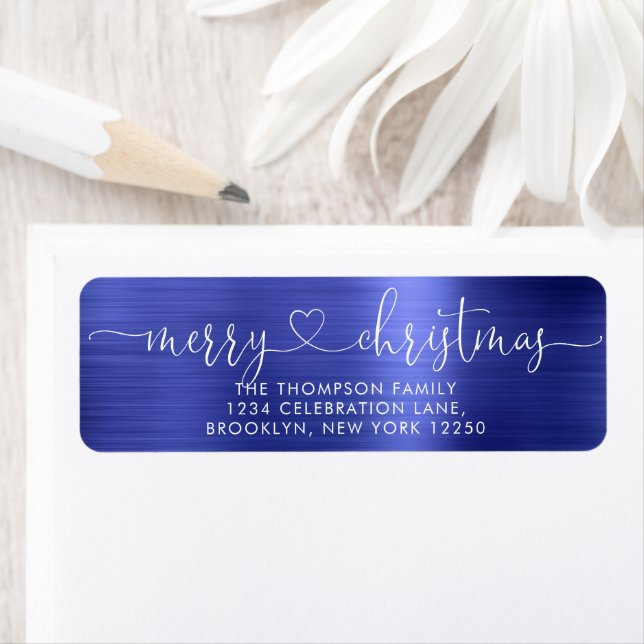 Trendy Merry Christmas Heart Script Metallic Blue Label (Insitu)