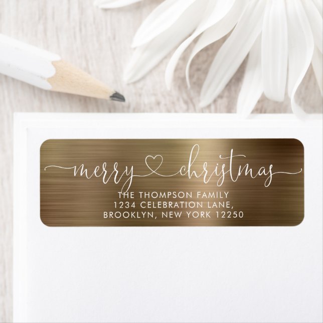 Trendy Merry Christmas Heart Script Metallic Gold Label (Insitu)