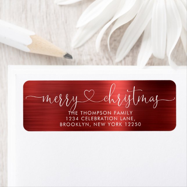 Trendy Merry Christmas Heart Script Metallic Red Label (Insitu)
