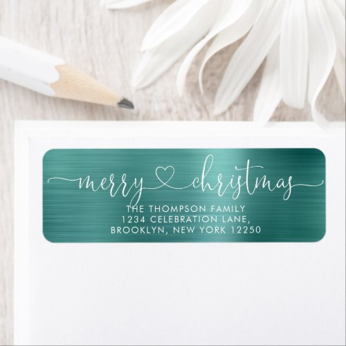 Trendy Merry Christmas Heart Script Metallic Teal Label