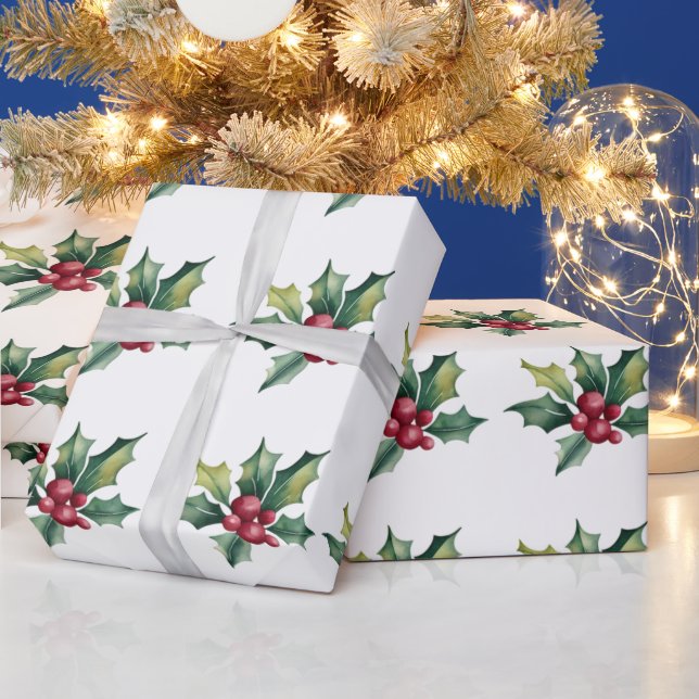 Trendy Merry Christmas Holly and Berries Pattern   Wrapping Paper (Holidays)