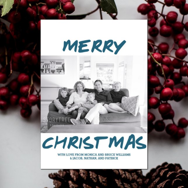 Trendy Merry Christmas Photo Card | Blue (Blue Trendy Merry Christmas Photo Card)