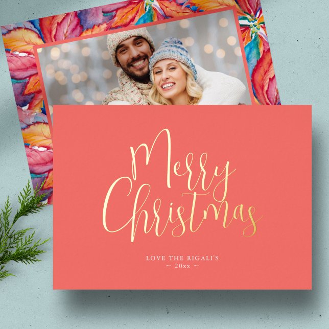 Trendy Merry Christmas Photo Foil Holiday Card (Unique photo Christmas cards watercolor poinsettia art and design by Victoria Grigaliunas)