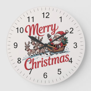 Trendy Merry Christmas Santa Sleigh Reindeer Large Clock