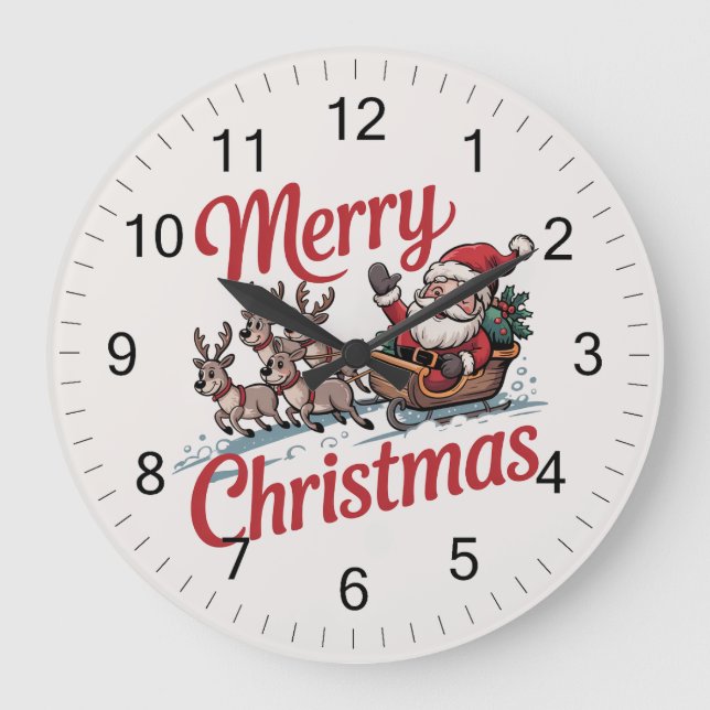 Trendy Merry Christmas Santa Sleigh Reindeer       Large Clock (Front)