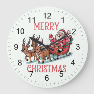 Trendy Merry Christmas Santa Sleigh Reindeer       Large Clock