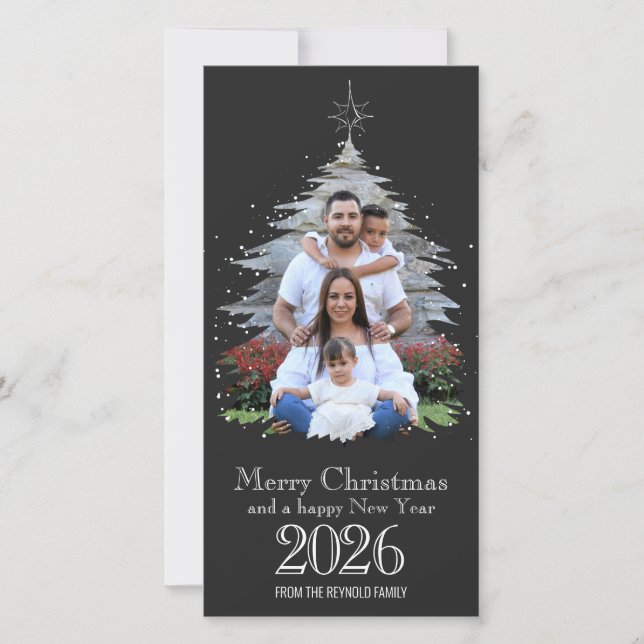 Trendy Merry Christmas Tree Shape 2026 Photo Gray (Front)