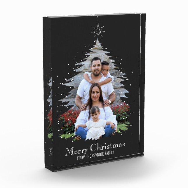 Trendy Merry Christmas Tree Silhouette Photo Gray Block (Left)