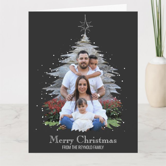 Trendy Merry Christmas Tree Silhouette Photo Gray Card (Front)