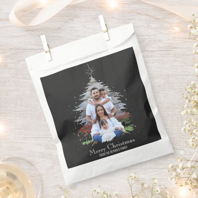 Trendy Merry Christmas Tree Silhouette Photo Gray Favor Bag (Clipped)