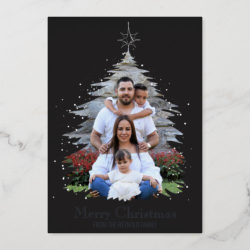 Trendy Merry Christmas Tree Silhouette Photo Gray Foil Holiday Card