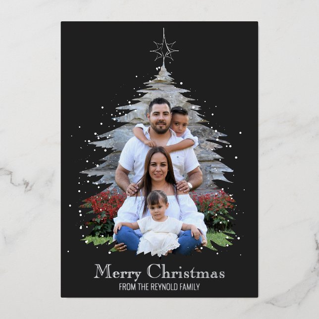 Trendy Merry Christmas Tree Silhouette Photo Gray Foil Holiday Card (Front)